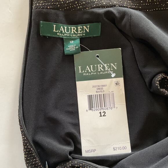 Lauren Ralph Lauren Black Gold Metallic Embellished Glittery Ruffle Dress Sz 12 - Picture 11 of 16